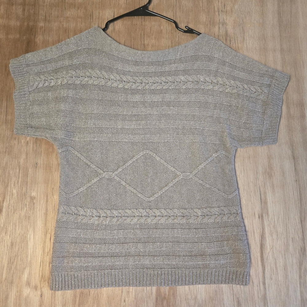 New York & Company Womens Small Tan Metallic Short Sleeve Cable Knit Sweater Top